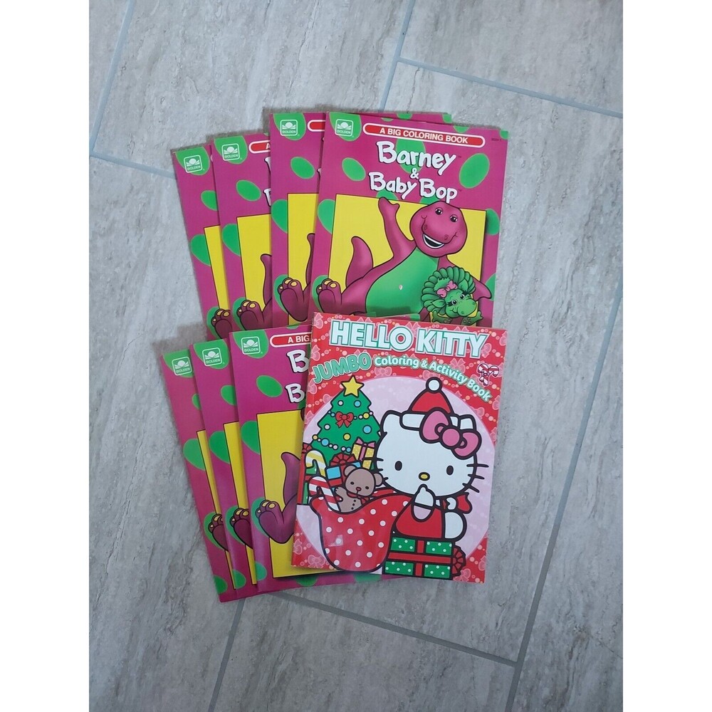 Vintage Barney & Baby Bop Big Coloring Books (7) & Hello Kitty Jumbo Activity